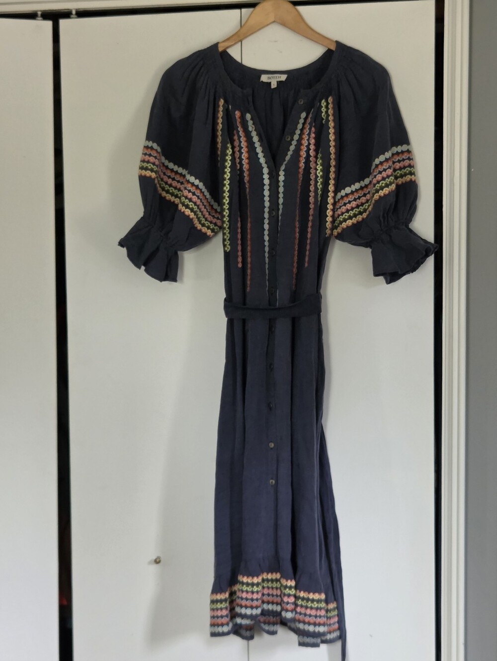 Boteh Embroidered Navy Maxi Dress with Puff Sleeves and Waist Tie